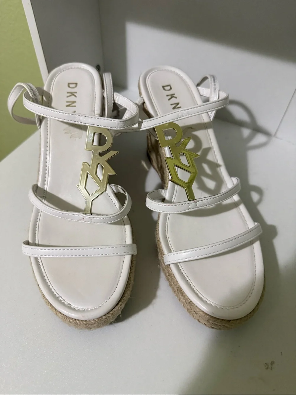 DKNY White Woven Espadrille Wedge Sandals with Gold Logo Accents